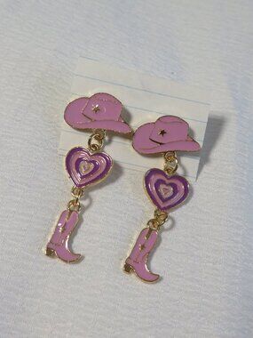 Purple Cowgirl Western Boot Cowby Hat Country Dangle Post Earrings Handmade